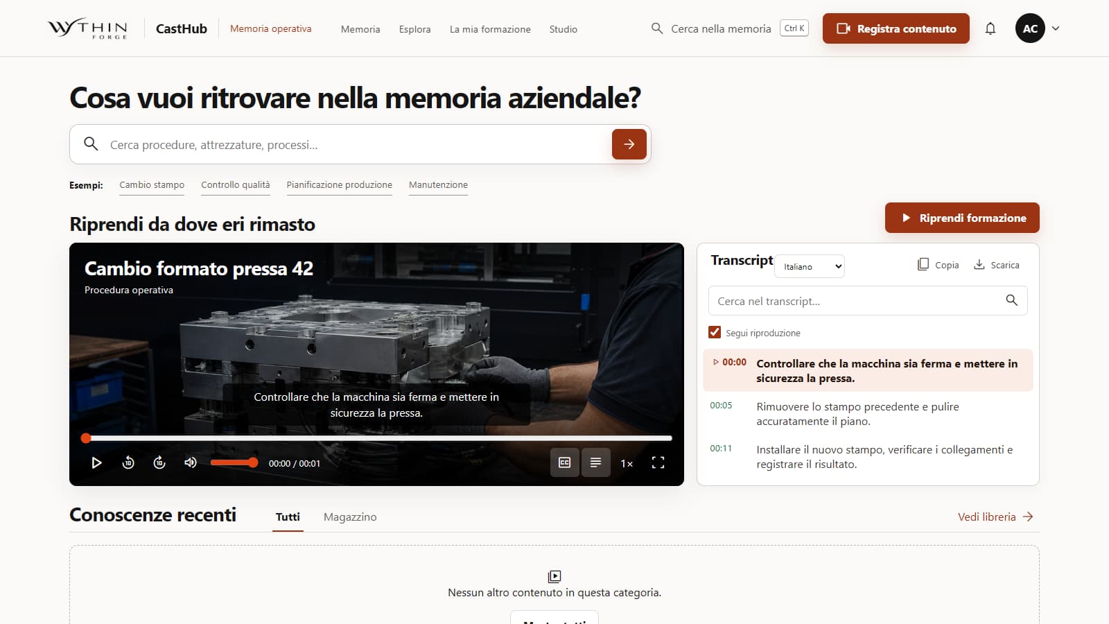 CastHub operational-memory home with a synthetic procedure video and its synchronized transcript
