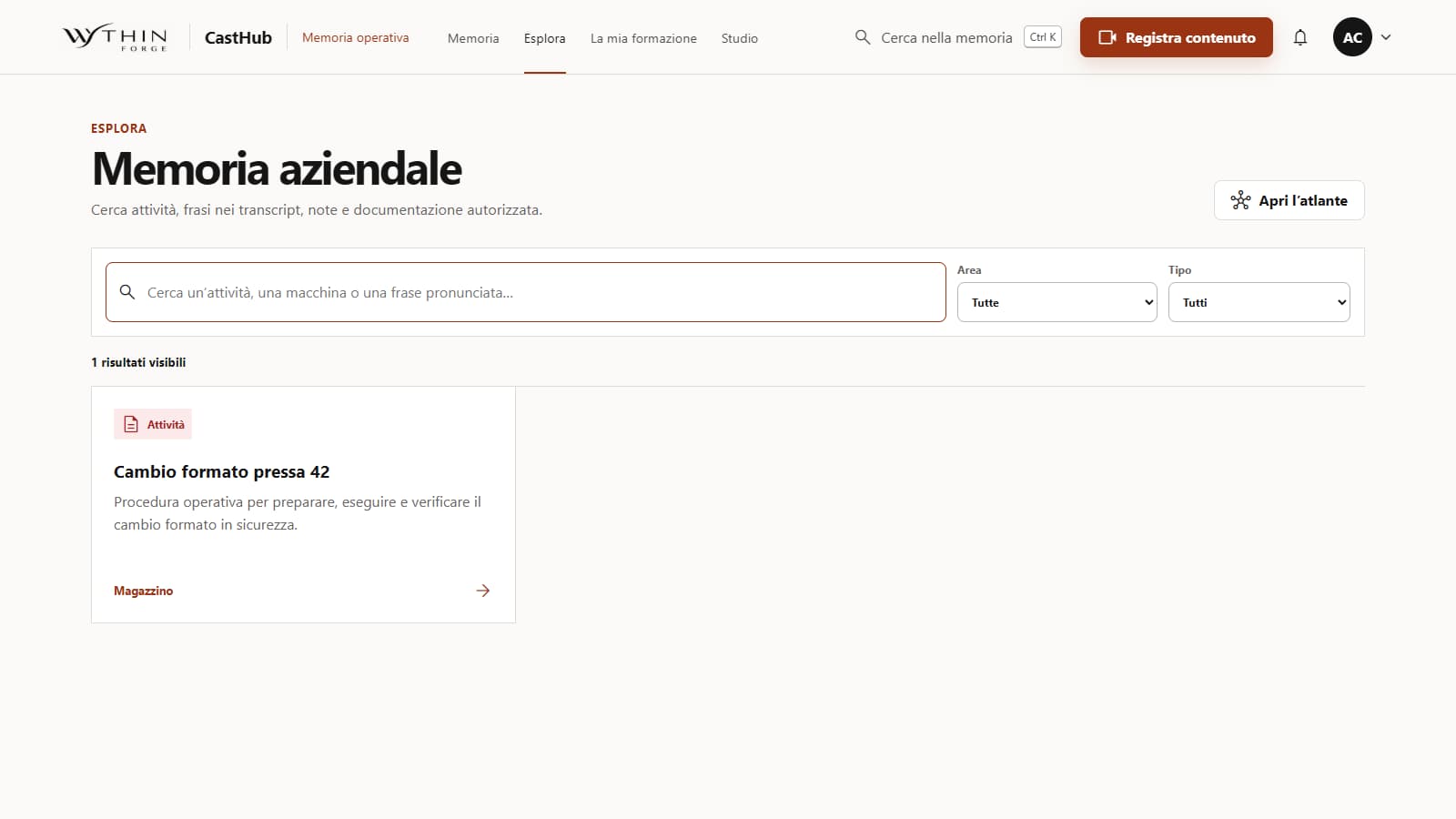 CastHub local knowledge search showing one synthetic machine procedure and filters by area and type