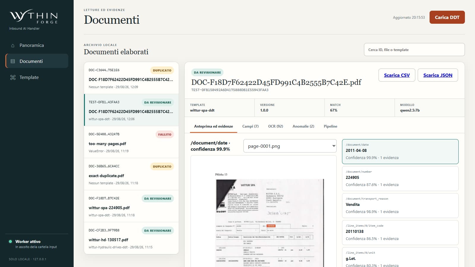 Inbound AI Handler evidence view for a public WITTUR delivery note with field values, confidence and source preview