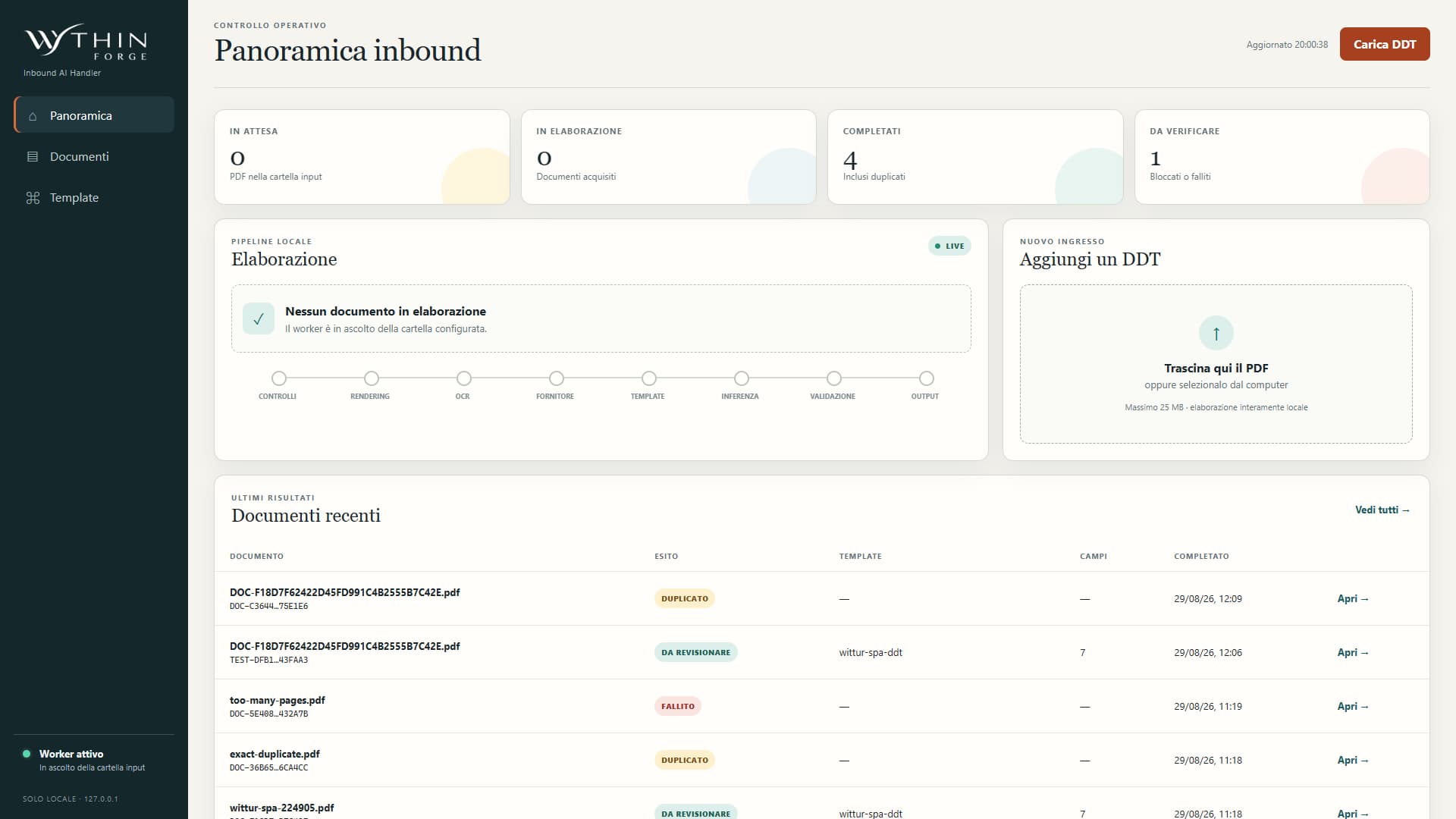 Inbound AI Handler local overview with PDF delivery-note queues, pipeline stages and review statuses