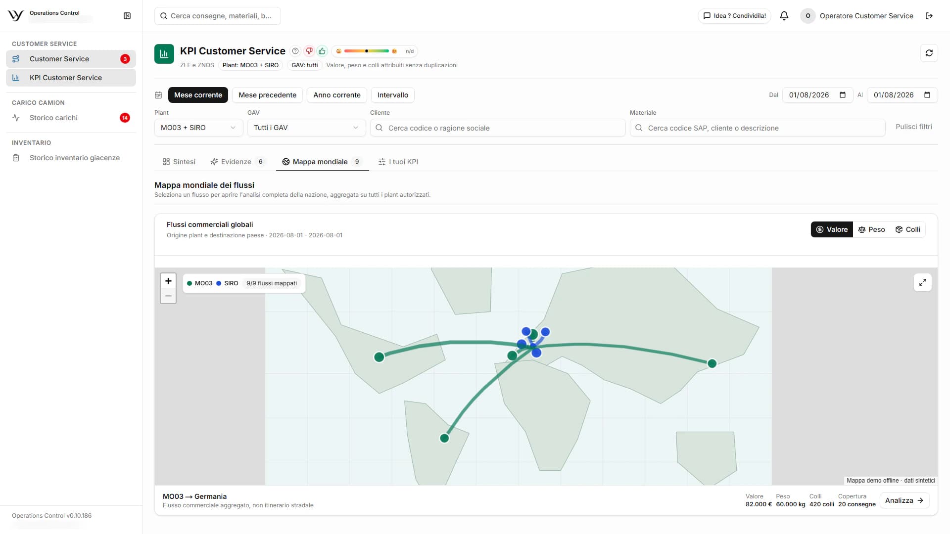 Offline synthetic world map of Customer Service commercial flows with delivery value, weight and package KPIs